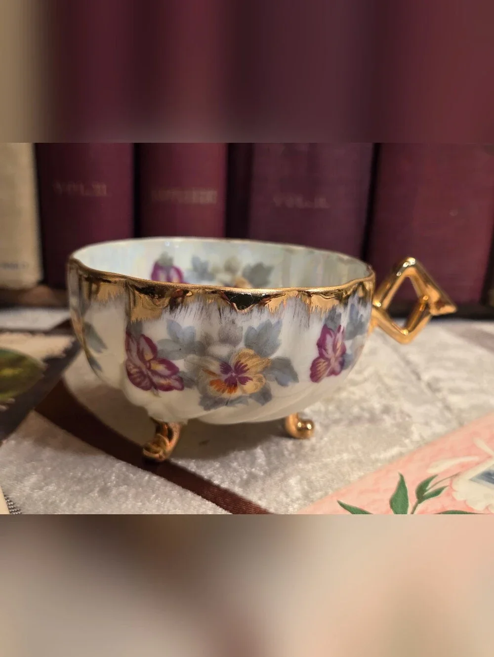 Napco Handpainted Pansies Iridescent Footed Teacup
